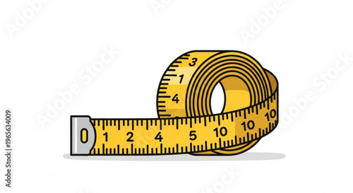 Flexible yellow tape measure curled up on white background for size and length measurement