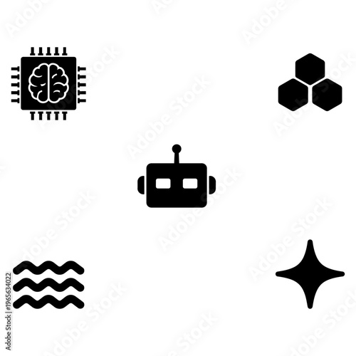 AI Robot and Processor icon
Minimalist solid silhouette icons for humanoid robotics, neural networks, and advanced processors.

