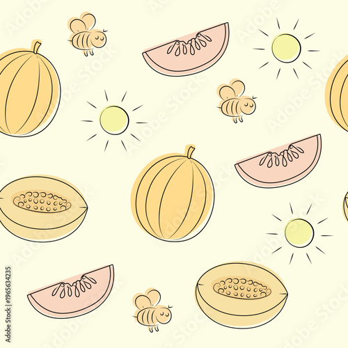 Seamless pattern with melon, melon slices, sun and bee in doodle style