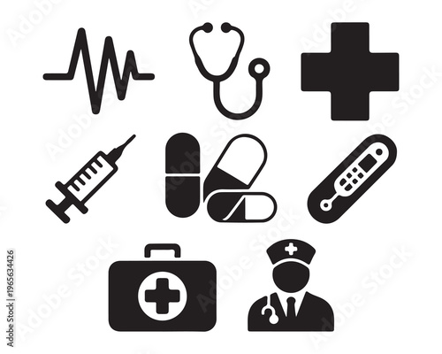 Medical icons set. black health care symbols. stethoscope, pill, syringe, cross, thermometer.