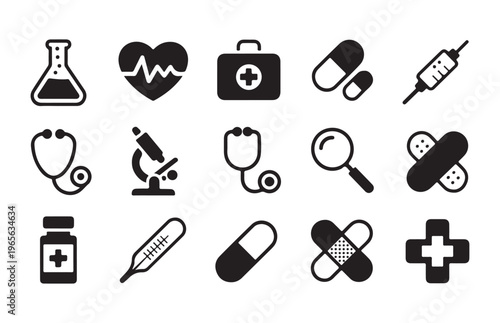 Medical icons set. black and white health care symbols. pills, syringe, stethoscope, microscope, heart.