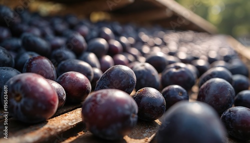 Plums are laid out on wooden racks to dry in the sun, a process that turns them into prunes. The fresh, ripe fruit is prepared for preservation, showcasing natural food preparation.