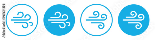 Wind icon set in round frames on blue background. Airflow and breeze symbols in outline style. Weather, ventilation and air conditioner concept. 