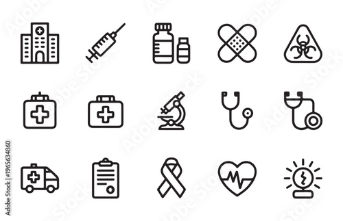 Thin line icons for medical and healthcare theme hospital ambulance syringe microscope stethoscope and ribbon on white.
