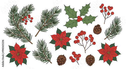 Christmas Elements: Pine Sprigs, Holly, Poinsettias, Berries, Pinecones