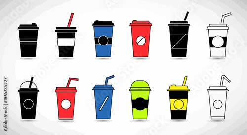 Collection of Disposable Coffee Cups with Straws and Lids