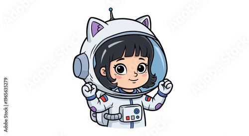 Cute Cartoon Girl Astronaut in Space Suit with Cat Ears Helmet