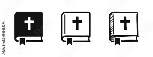 Hand Drawn Bible Book with Cross Icons Set - Holy Scripture Religious Doodle Vector