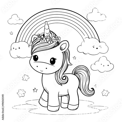 Cute unicorn with wings flying in the sky and a rainbow coloring page.