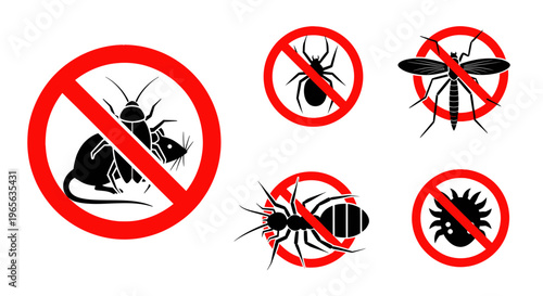 Pest Control Icons: No Rodents, Spiders, Mosquitoes, Ants, Bugs