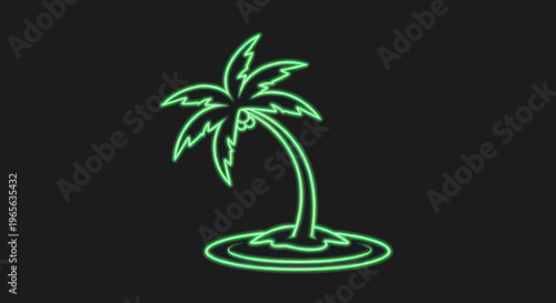 Neon Palm Tree Island Glow on Black Background