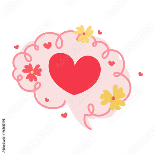 Mental health and love. Brain and heart with flowers.