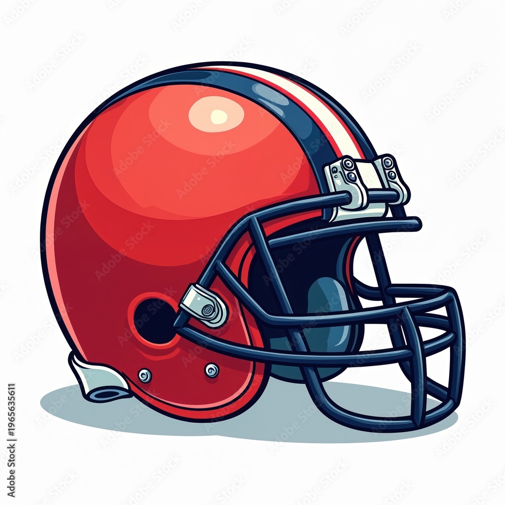 Fototapeta premium Red cartoon football helmet with blue and white stripes, face mask, and chin strap. Sport protective gear for american football player. Game accessory for athlete.