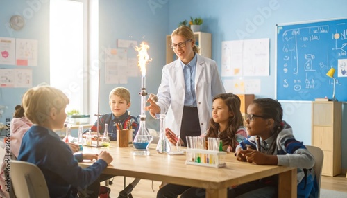 Young students engaged in a vibrant science experiment with their teacher in a bright classroom setting.