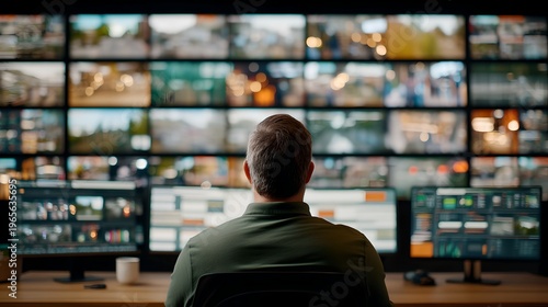 A person monitoring security cameras. The scene showcases a person sitting in front of a wall of screens. It highlights the technology of surveillance and vigilance.