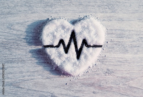 Heart shaped mound of white salt including a black pulse line on a light wooden background for heart health advocacy and salt reduction awareness campaigns