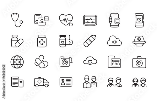 Healthcare icons set stethoscope smartwatch phone heartbeat pills bottle cloud folder ambulance.