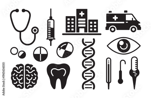 Medical icons set stethoscope syringe hospital ambulance pills brain eye thermometer tooth DNA virus.