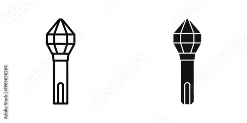 Two contrasting styles of a lamp post with decorative tops shown in black and white