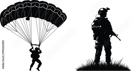 Military soldier paratrooper vector silhouette collection featuring army commando with parachute and tactical marine standing in grass for flavector brand.