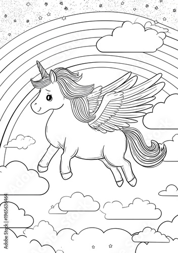 Cute unicorn with wings flying in the sky and a rainbow coloring page.