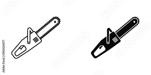 Comparison of manual and powered chainsaw designs in black and white illustration
