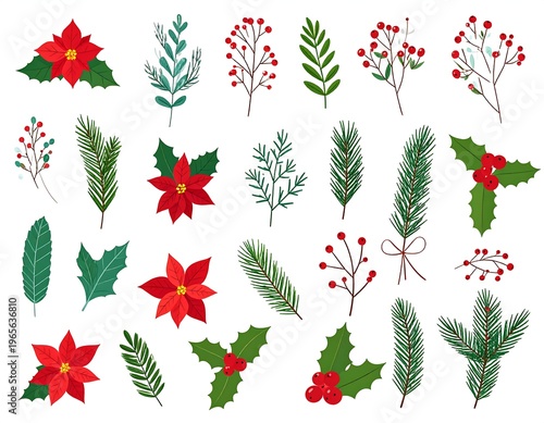 A flat-lay illustration showcases diverse Christmas-themed elements vibrant red poinsettias, berries, and various evergreen branches, all isolated against a white backdrop