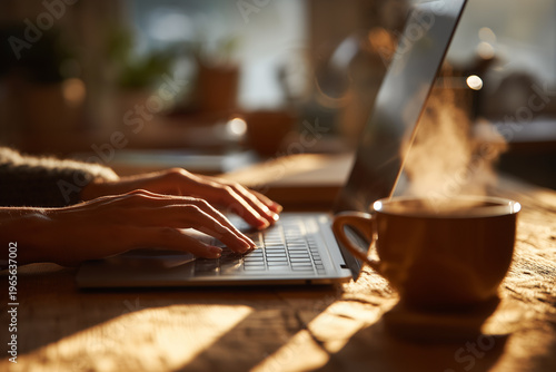 Hands typing on laptop with coffee in modern home office.