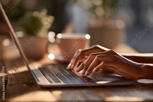 Hands typing on laptop in modern home workspace.