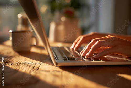 Hands typing on laptop in modern home office setting.