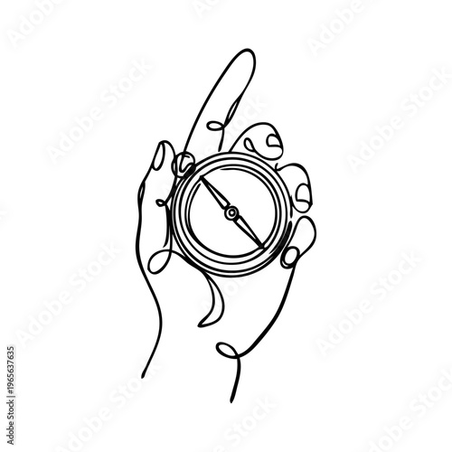 Dibujo sencillo con una única línea de una mano sujetando una brújula 