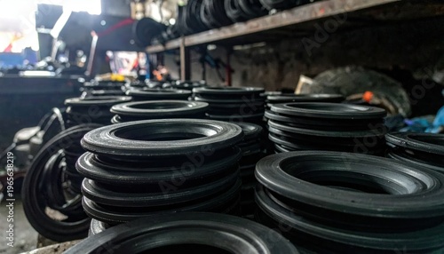 Stacks of Industrial Rubber Gaskets in a Warehouse Storage Area.