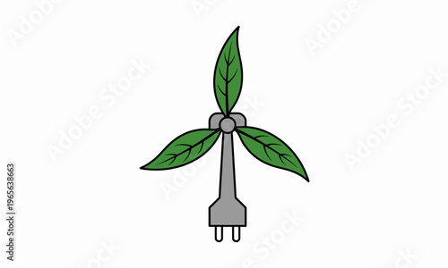 Flat Vector Illustration of a Wind Turbine with Leaf Blades and an Electric Plug Base Representing Renewable Green Energy and Sustainability