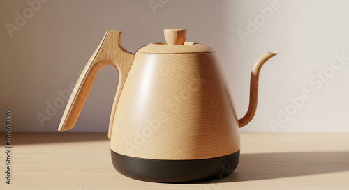 Modern gooseneck electric kettle with light wood grain finish and black base
