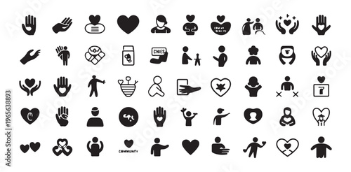 Volunteer support and non profit organization icons for humanitarian aid and social service