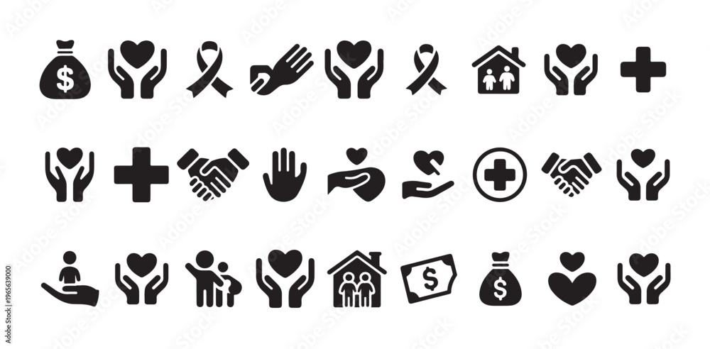Obraz premium Charity vector black solid icons set, symbol of compassion, help, human support and donation