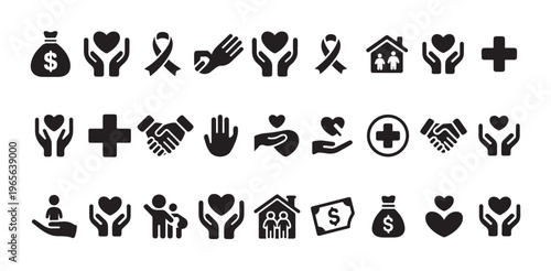Charity vector black solid icons set, symbol of compassion, help, human support and donation