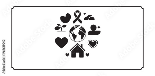 World earth globe with hearts and plant growth seedling symbol diversity social icon