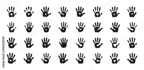 Collection of thirty six handprints palm impressions for creative design and art projects