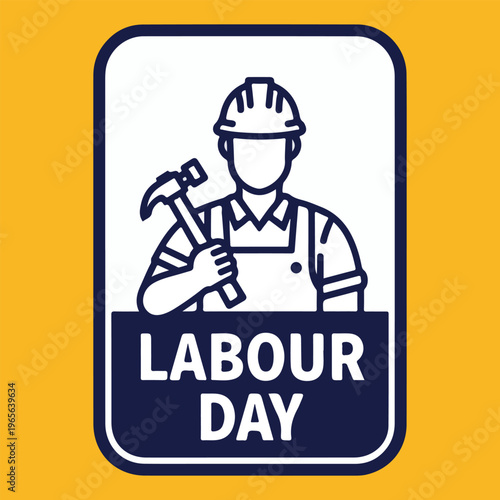 Labour Day Badge with Worker and Hammer Flat Vector Illustration