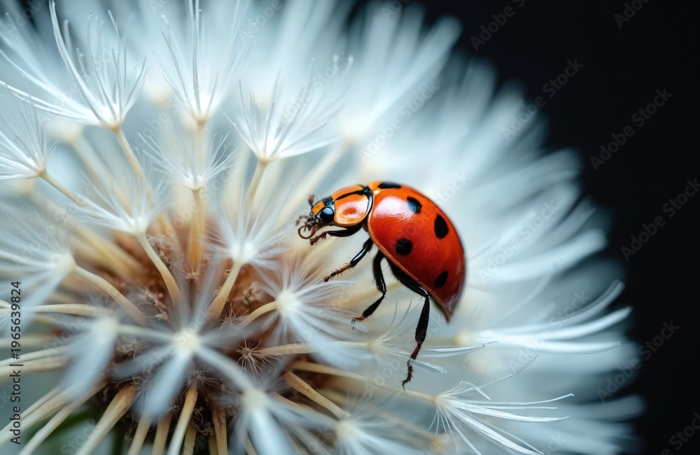 Obraz premium Red ladybug sits on white dandelion seed head. Tiny insect on fluffy plant structure against dark backdrop. Detailed macro view of small garden beetle.