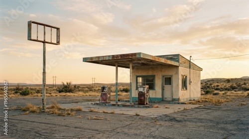 Vintage Gas Station Ruins at Sunset in Abandoned Landscape