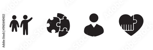 Community support icons showing people helping each other with puzzle and heart shapes set