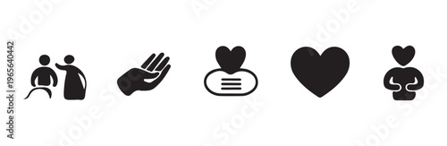 Charity and care icons including helping hands heart symbols and support figures collection