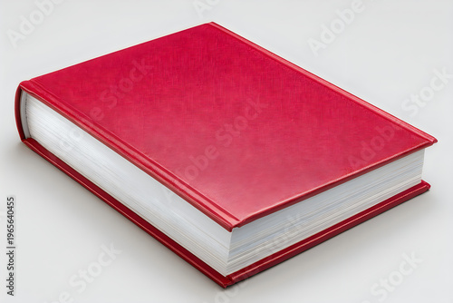 A red leather-bound book lies open on a white surface with its pages visible.