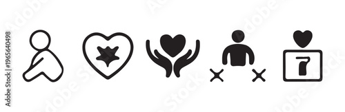 Baby person icon, heart with crown, caring hands with heart, human figure with crosses