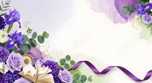 Empowering Women's Day display featuring purple, green, and white blooms with elegance