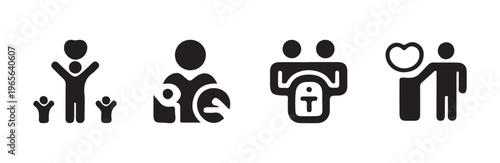 Community support and family care icons with people and heart symbols in black linear style