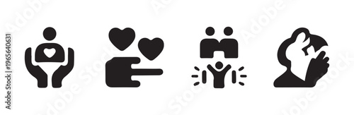 Hands caring for person with heart and giving love with supportive figures