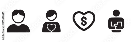Charity donation and personal empathy symbols with heart shapes and currency sign silhouette